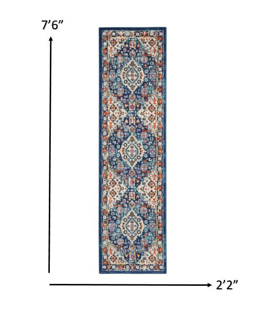 HomeRoots 2’ x 8’ Blue and Ivory Medallion Runner Rug