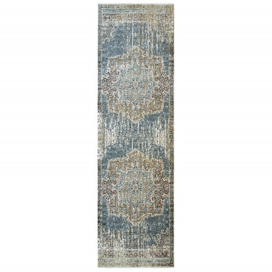HomeRoots 2' x 8' Blue and Ivory Medallion Runner Rug