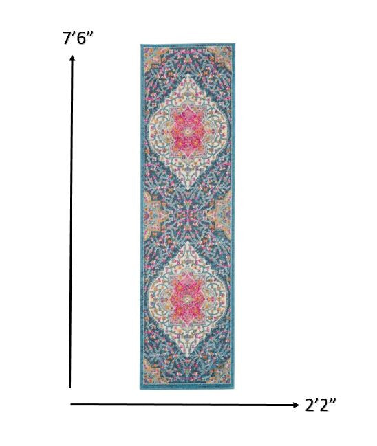 HomeRoots 2' x 8' Blue and Pink Medallion Runner Rug