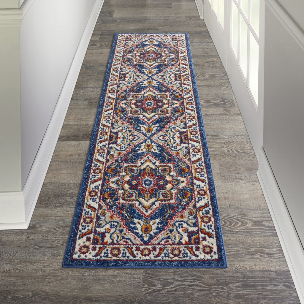 HomeRoots 2' x 8' Blue and Ruby Medallion Runner Rug