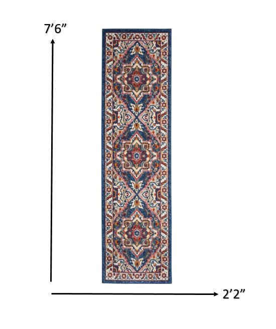 HomeRoots 2' x 8' Blue and Ruby Medallion Runner Rug