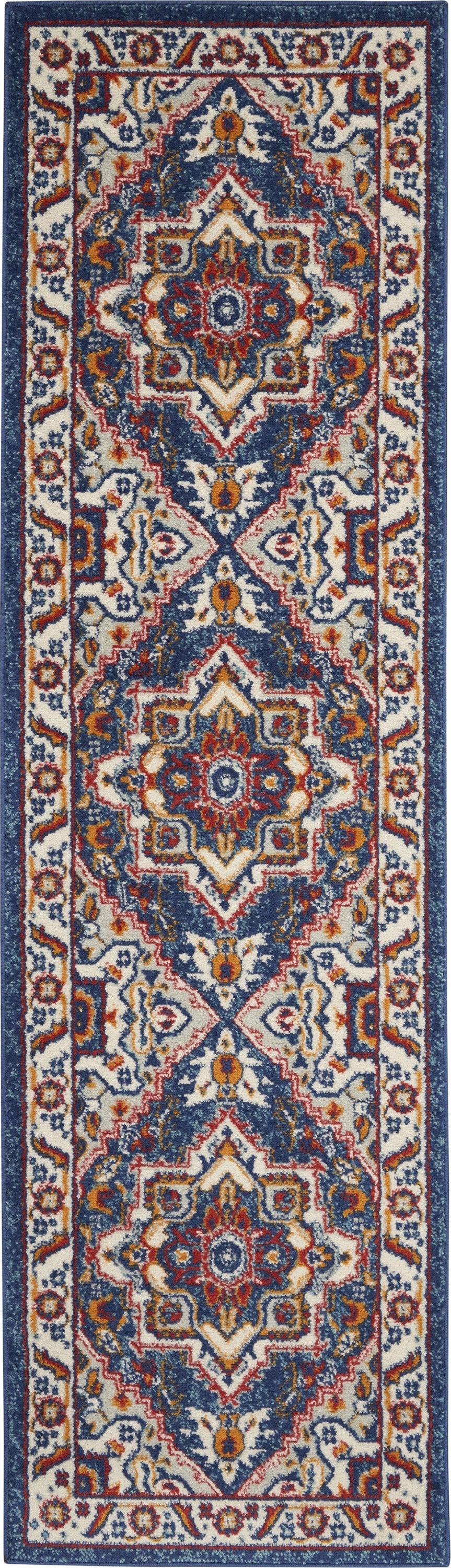 HomeRoots 2' x 8' Blue and Ruby Medallion Runner Rug