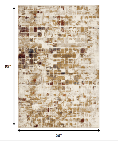 HomeRoots 2' x 8' Brown Beige Abstract Tiles Distressed Runner Rug