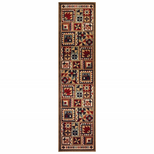 HomeRoots 2' x 8' Brown and Red Ikat Patchwork Runner Rug