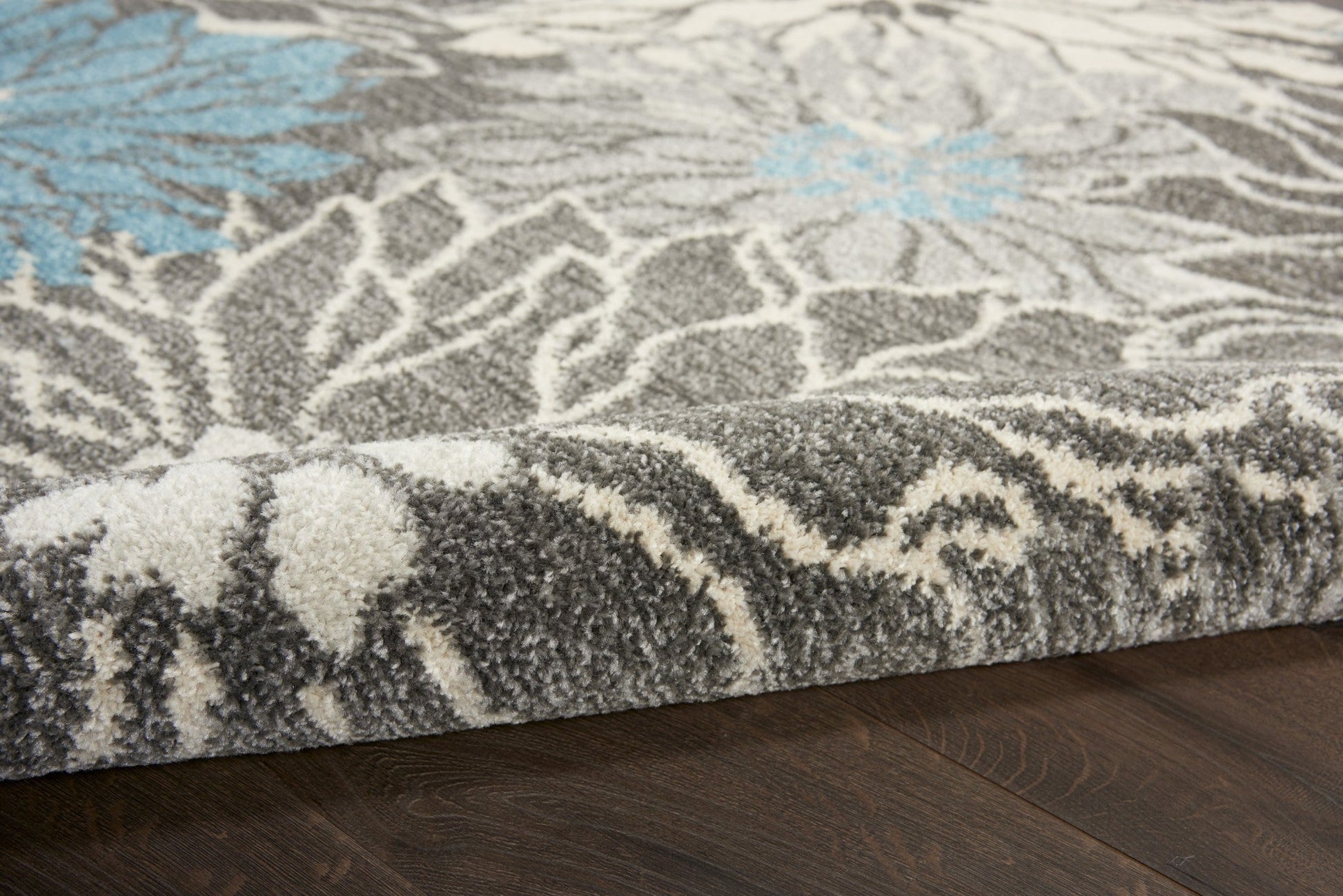 HomeRoots 2’ x 8’ Charcoal and Blue Big Flower Runner Rug