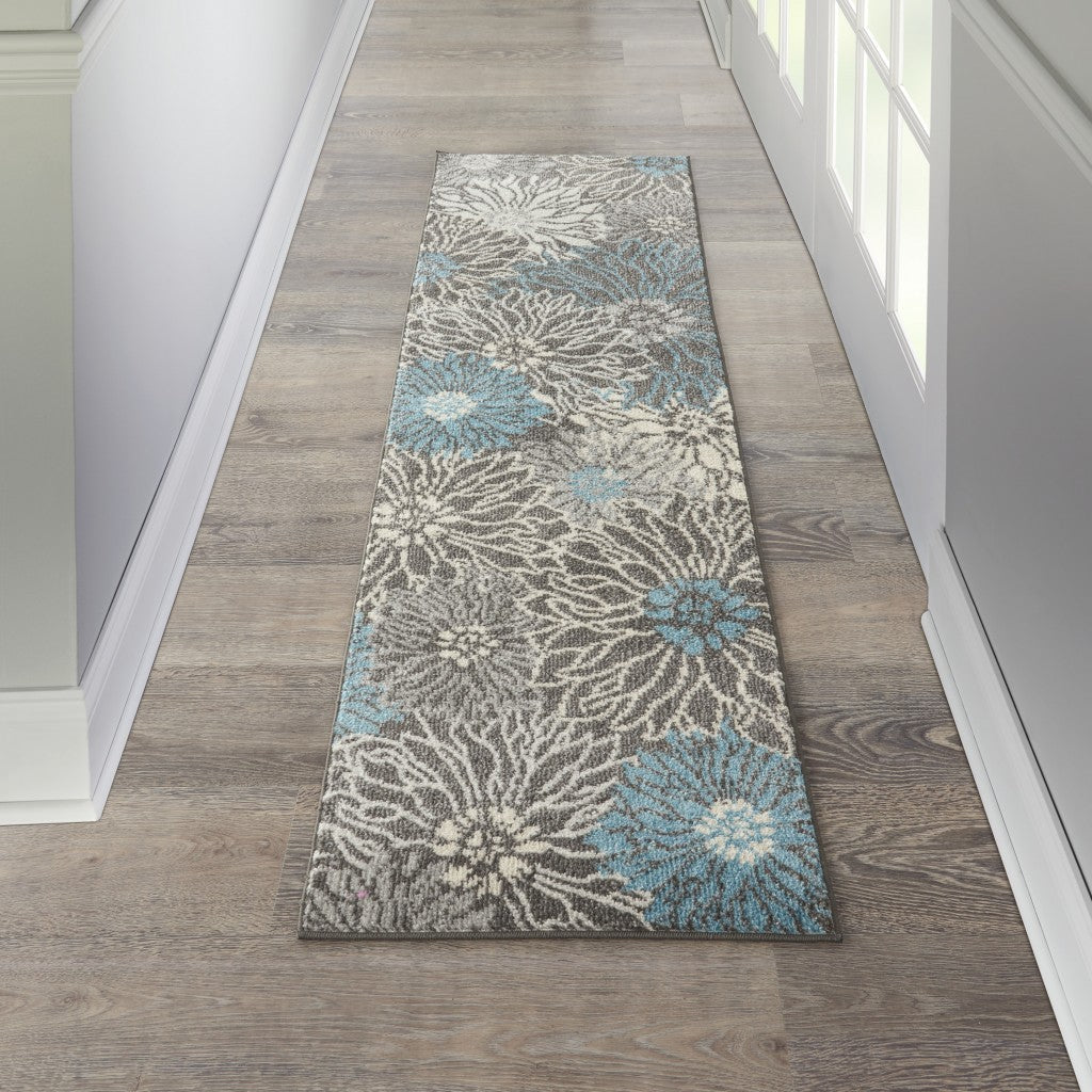 HomeRoots 2’ x 8’ Charcoal and Blue Big Flower Runner Rug