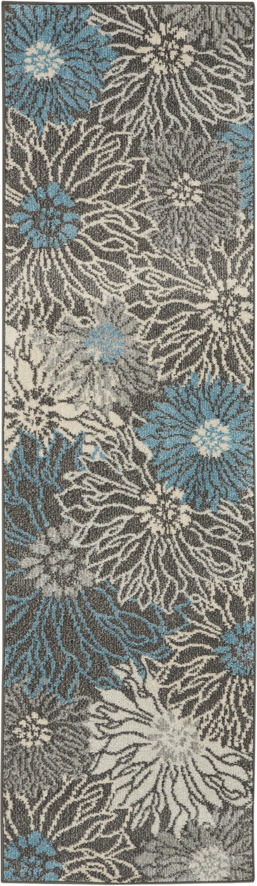 HomeRoots 2’ x 8’ Charcoal and Blue Big Flower Runner Rug