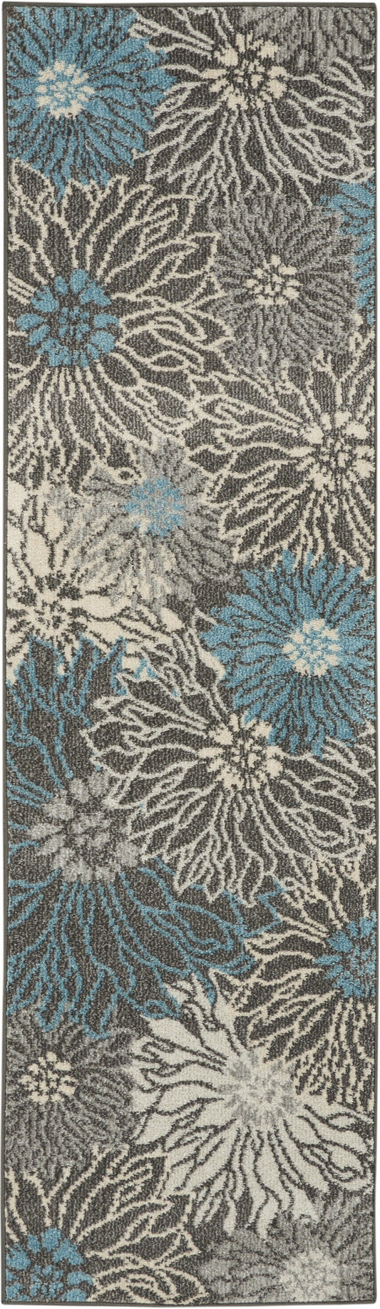 HomeRoots 2’ x 8’ Charcoal and Blue Big Flower Runner Rug