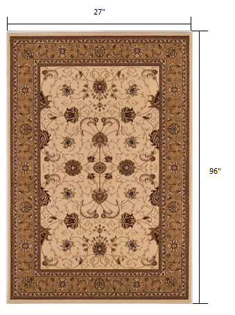 HomeRoots 2' x 8' Cream and Tan Ornate Border Runner Rug