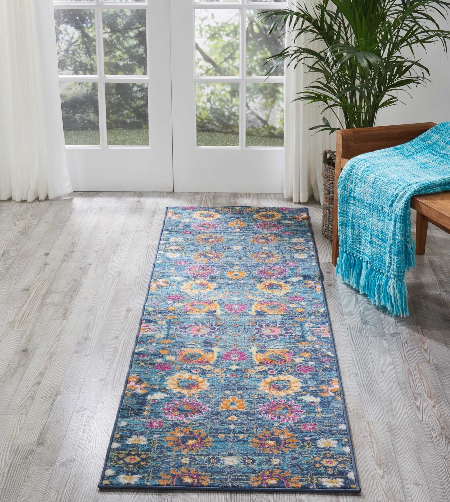 HomeRoots 2' x 8' Denim Blue Florals Distressed Runner Rug