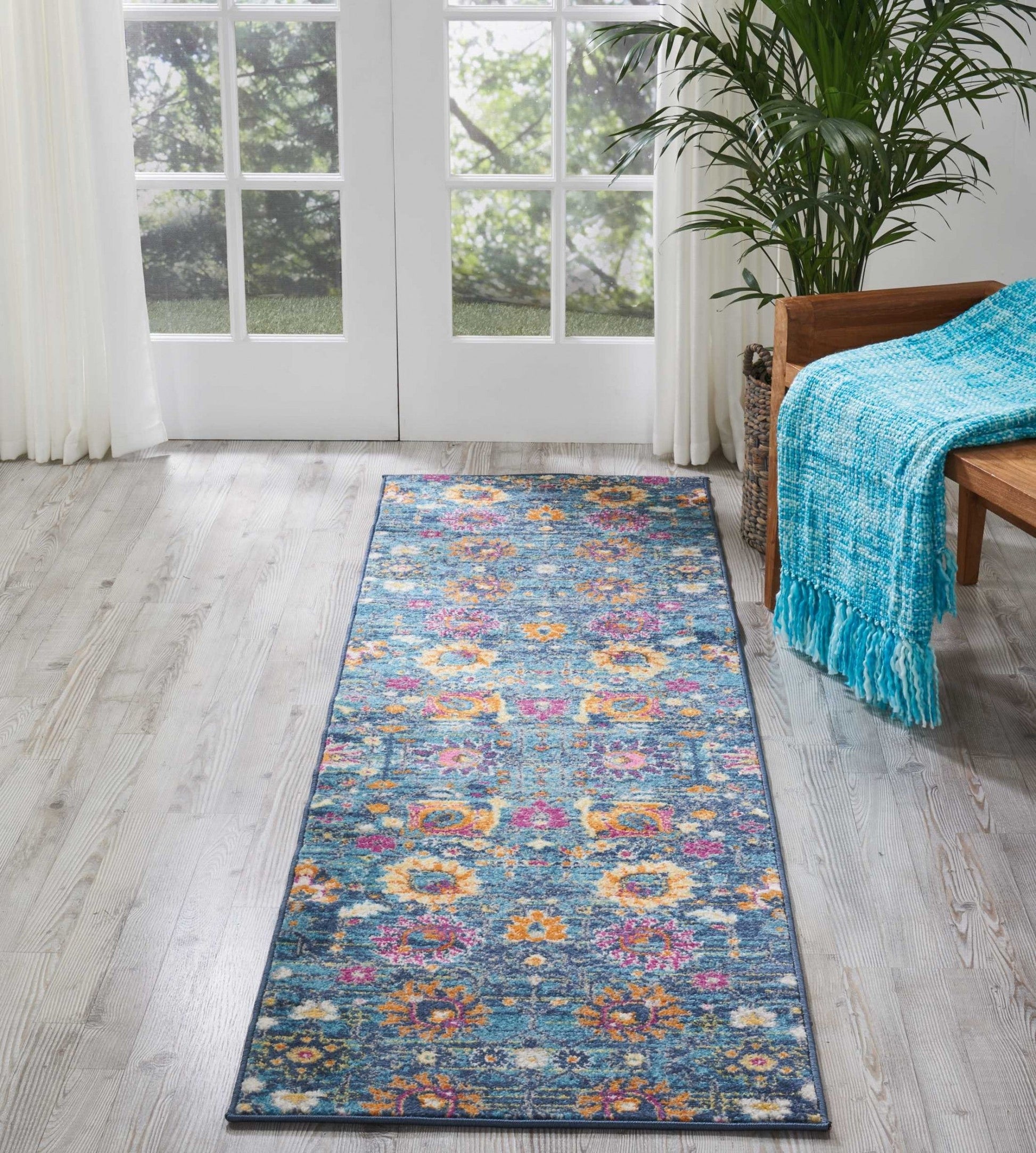 HomeRoots 2' x 8' Denim Blue Florals Distressed Runner Rug