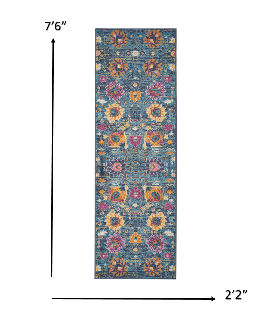 HomeRoots 2' x 8' Denim Blue Florals Distressed Runner Rug