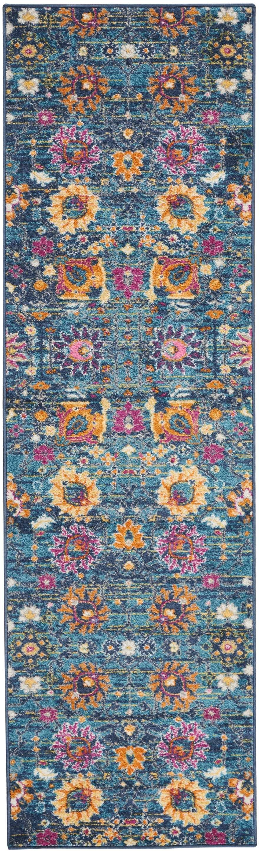 HomeRoots 2' x 8' Denim Blue Florals Distressed Runner Rug