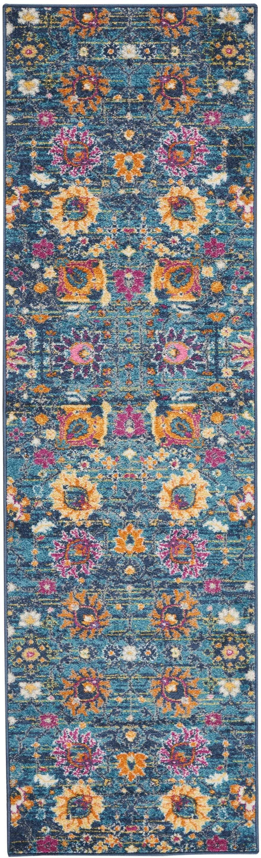 HomeRoots 2' x 8' Denim Blue Florals Distressed Runner Rug
