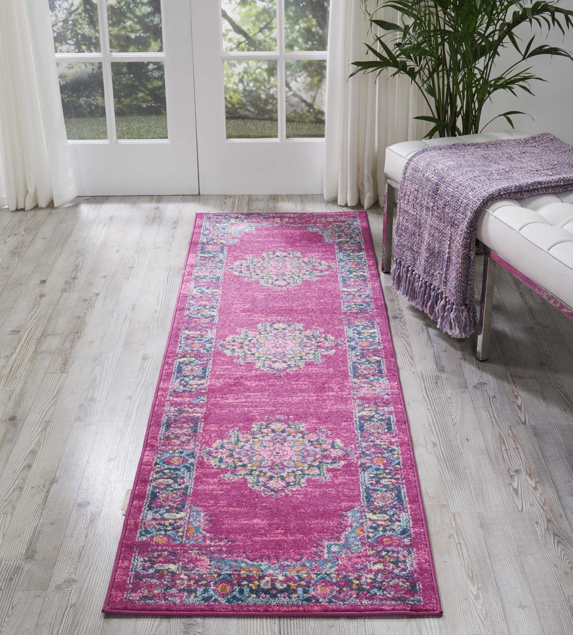HomeRoots 2' x 8' Fuchsia and Blue Distressed Runner Rug