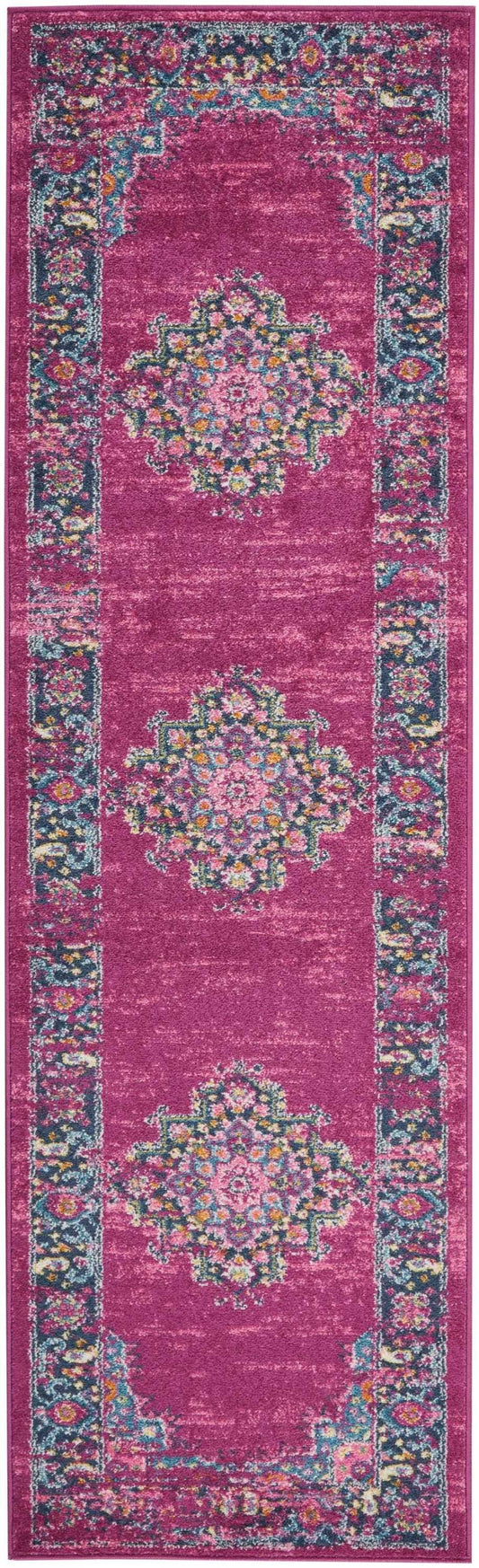 HomeRoots 2' x 8' Fuchsia and Blue Distressed Runner Rug