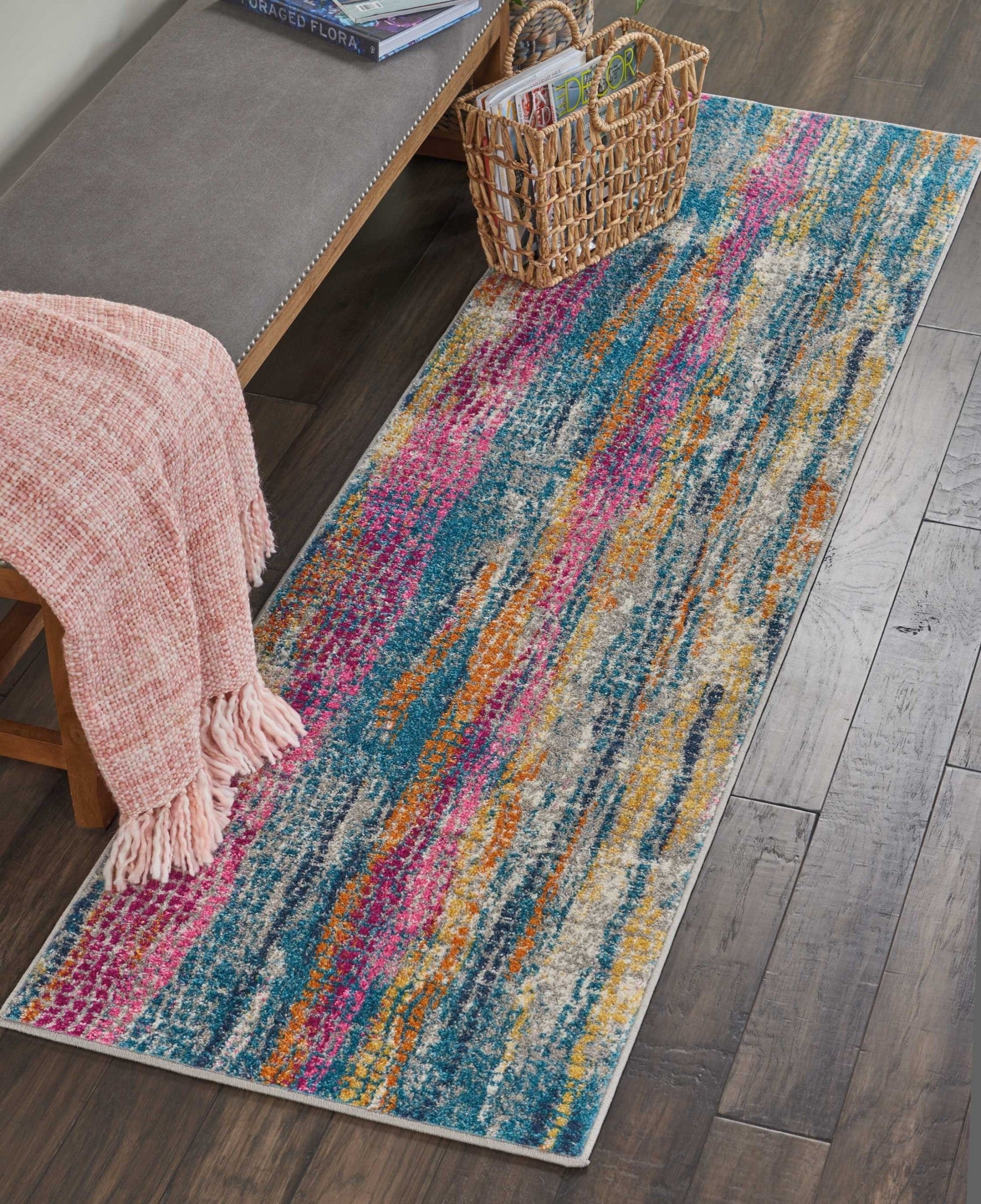 HomeRoots 2' x 8' Gray Colorful Abstract Stripes Runner Rug