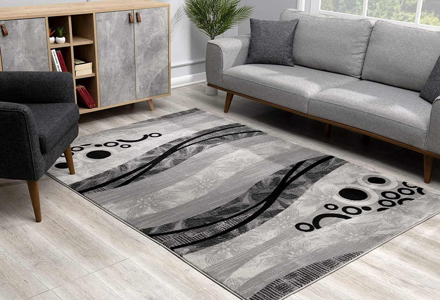 HomeRoots 2' x 8' Gray and Black Abstract Waves Runner Rug