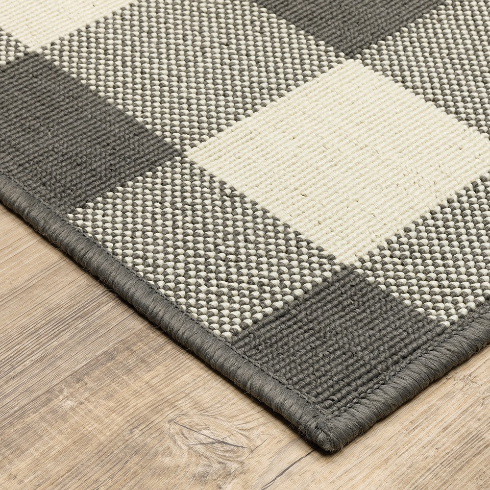 HomeRoots 2’ x 8’ Gray and Ivory Gingham Indoor Outdoor Runner Rug