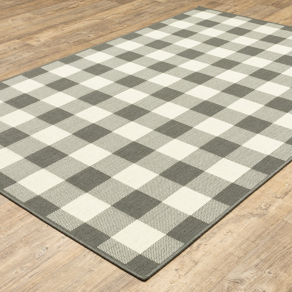 HomeRoots 2’ x 8’ Gray and Ivory Gingham Indoor Outdoor Runner Rug