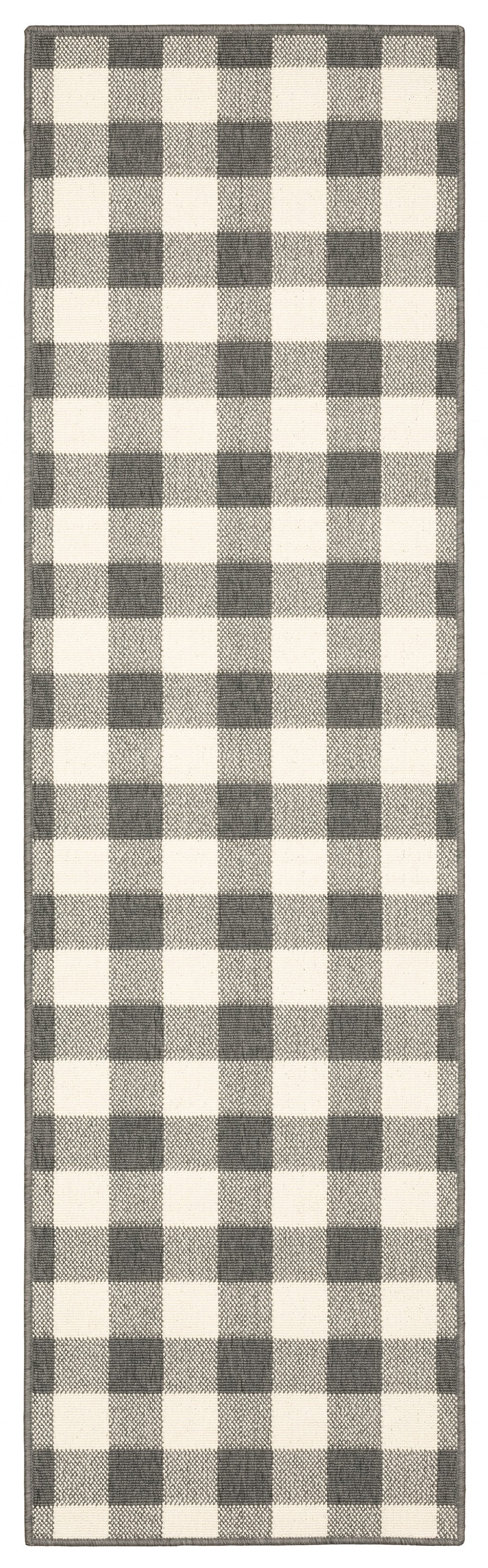 HomeRoots 2’ x 8’ Gray and Ivory Gingham Indoor Outdoor Runner Rug