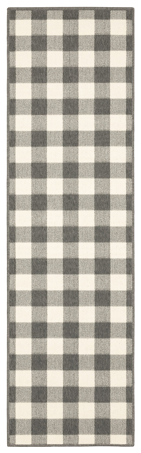 HomeRoots 2’ x 8’ Gray and Ivory Gingham Indoor Outdoor Runner Rug