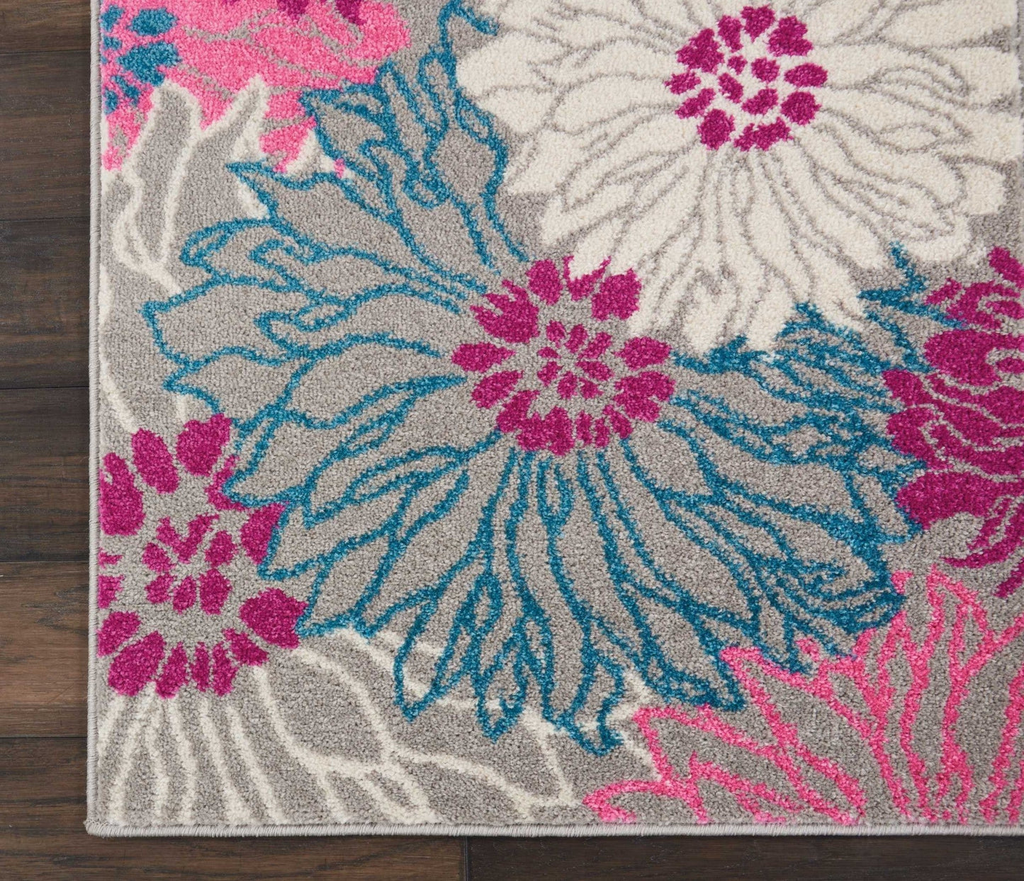 HomeRoots 2' x 8' Gray and Pink Tropical Flower Runner Rug