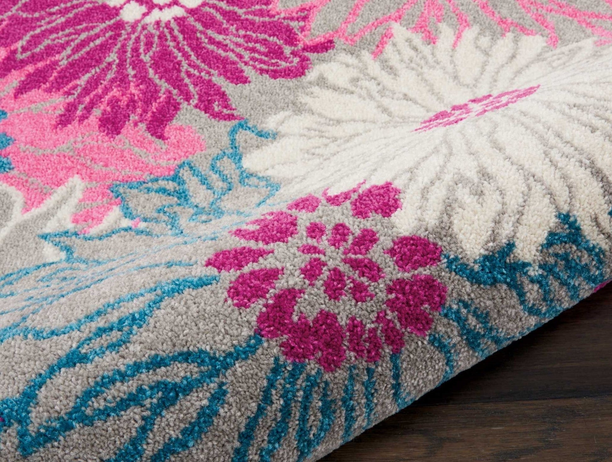 HomeRoots 2' x 8' Gray and Pink Tropical Flower Runner Rug