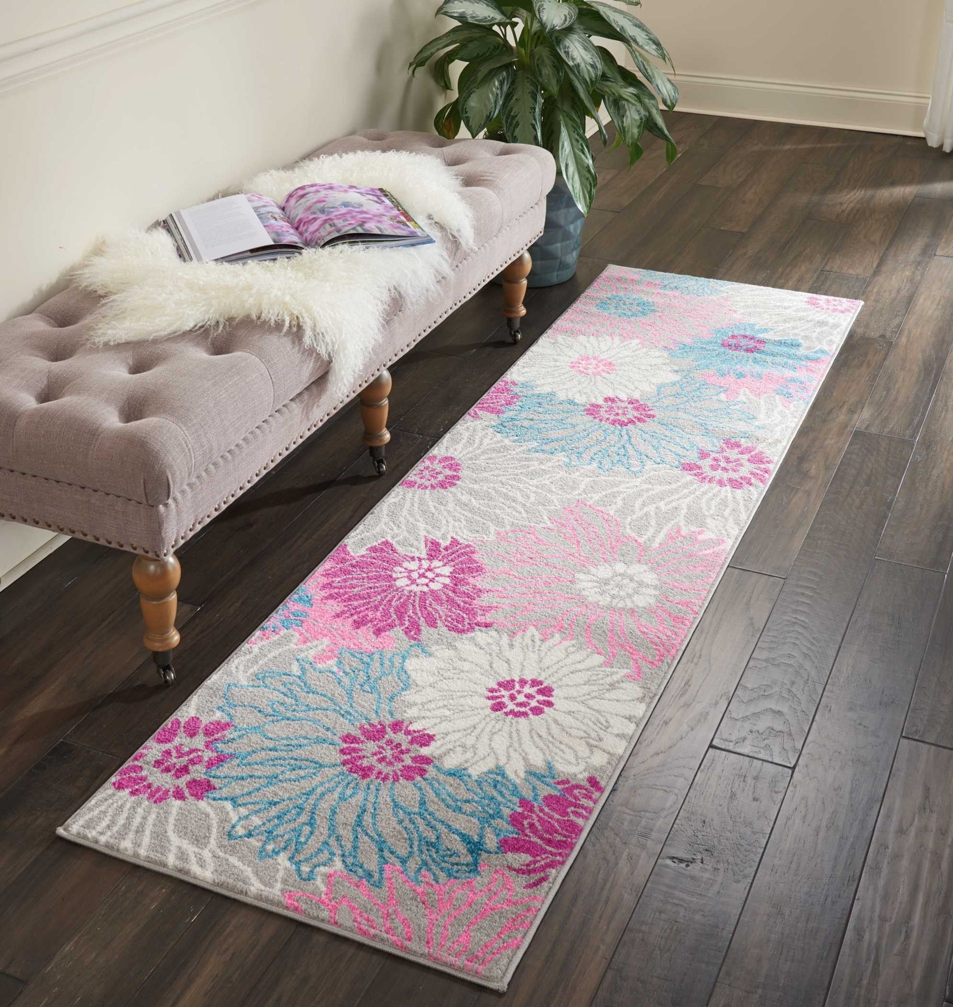 HomeRoots 2' x 8' Gray and Pink Tropical Flower Runner Rug