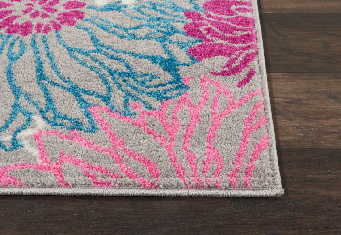 HomeRoots 2' x 8' Gray and Pink Tropical Flower Runner Rug