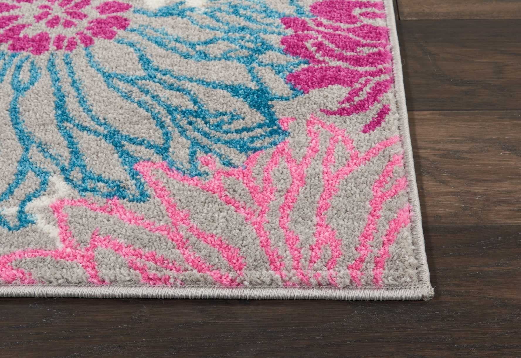 HomeRoots 2' x 8' Gray and Pink Tropical Flower Runner Rug