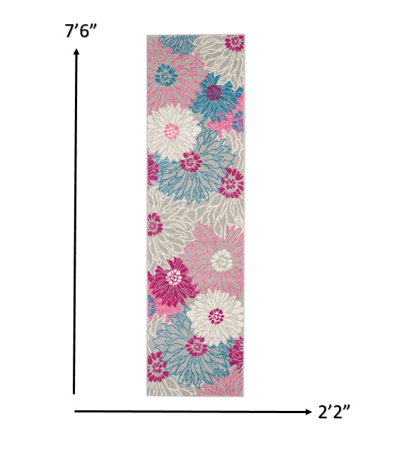 HomeRoots 2' x 8' Gray and Pink Tropical Flower Runner Rug