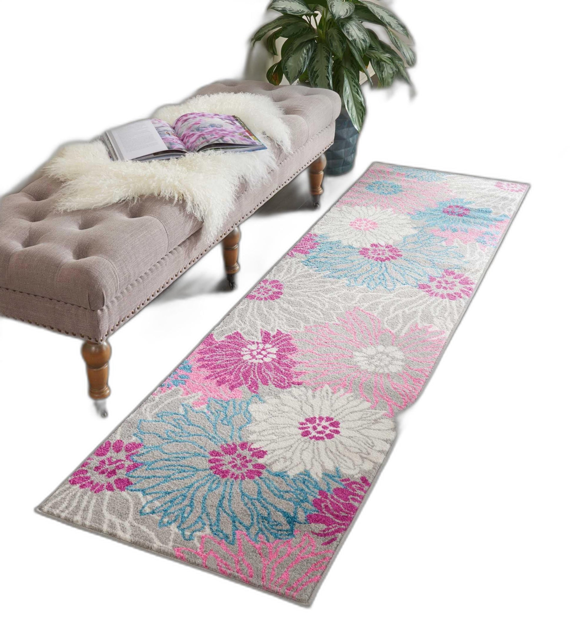 HomeRoots 2' x 8' Gray and Pink Tropical Flower Runner Rug
