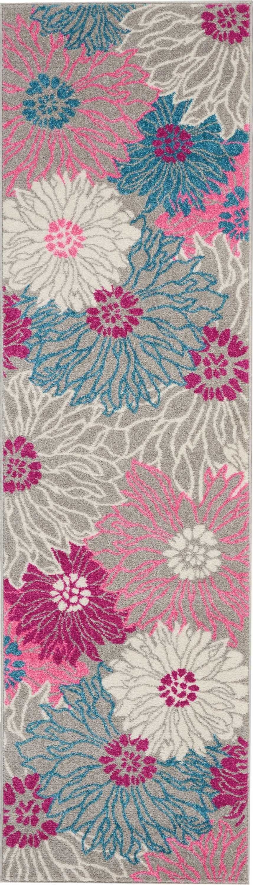 HomeRoots 2' x 8' Gray and Pink Tropical Flower Runner Rug