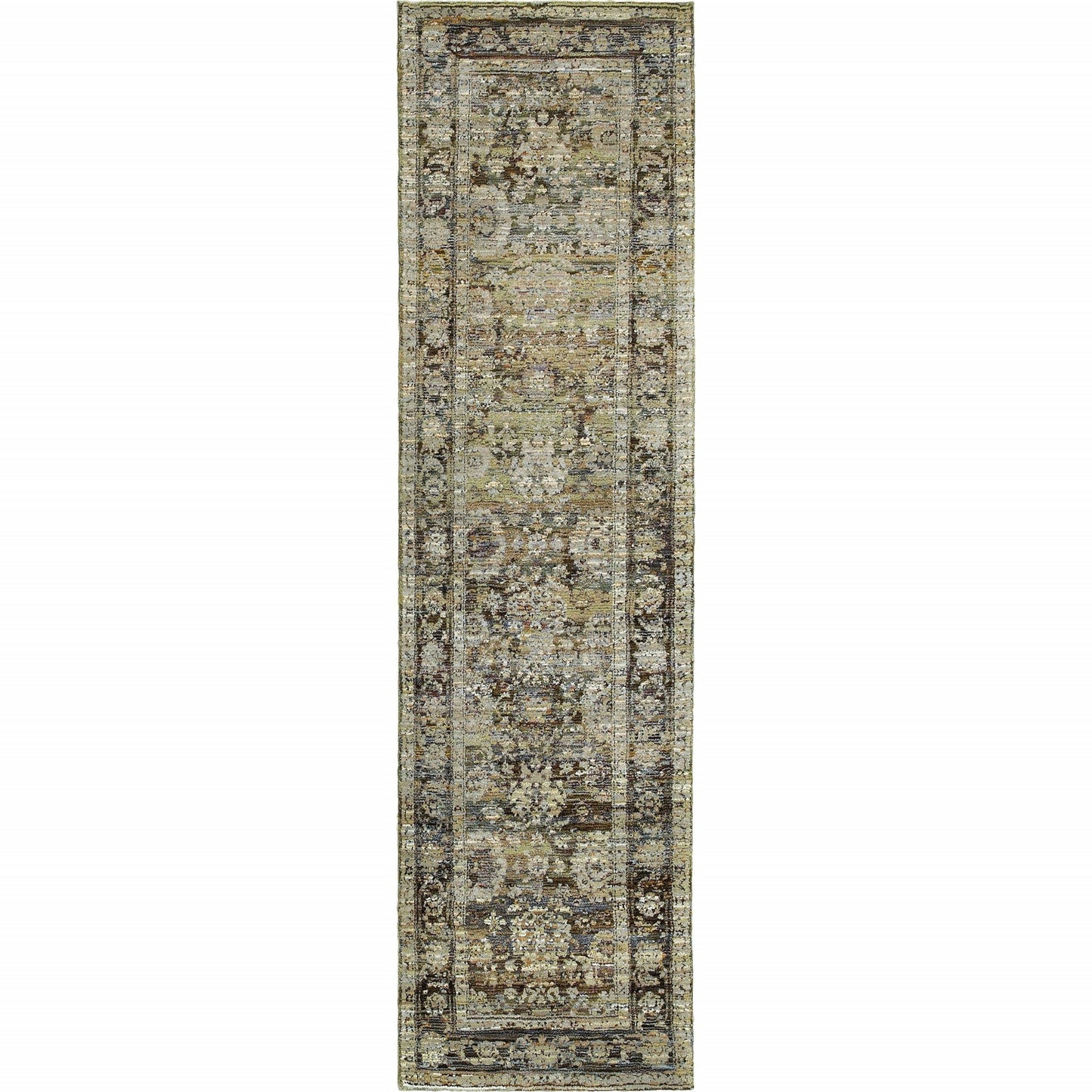 HomeRoots 2' x 8' Green and Brown Floral Runner Rug