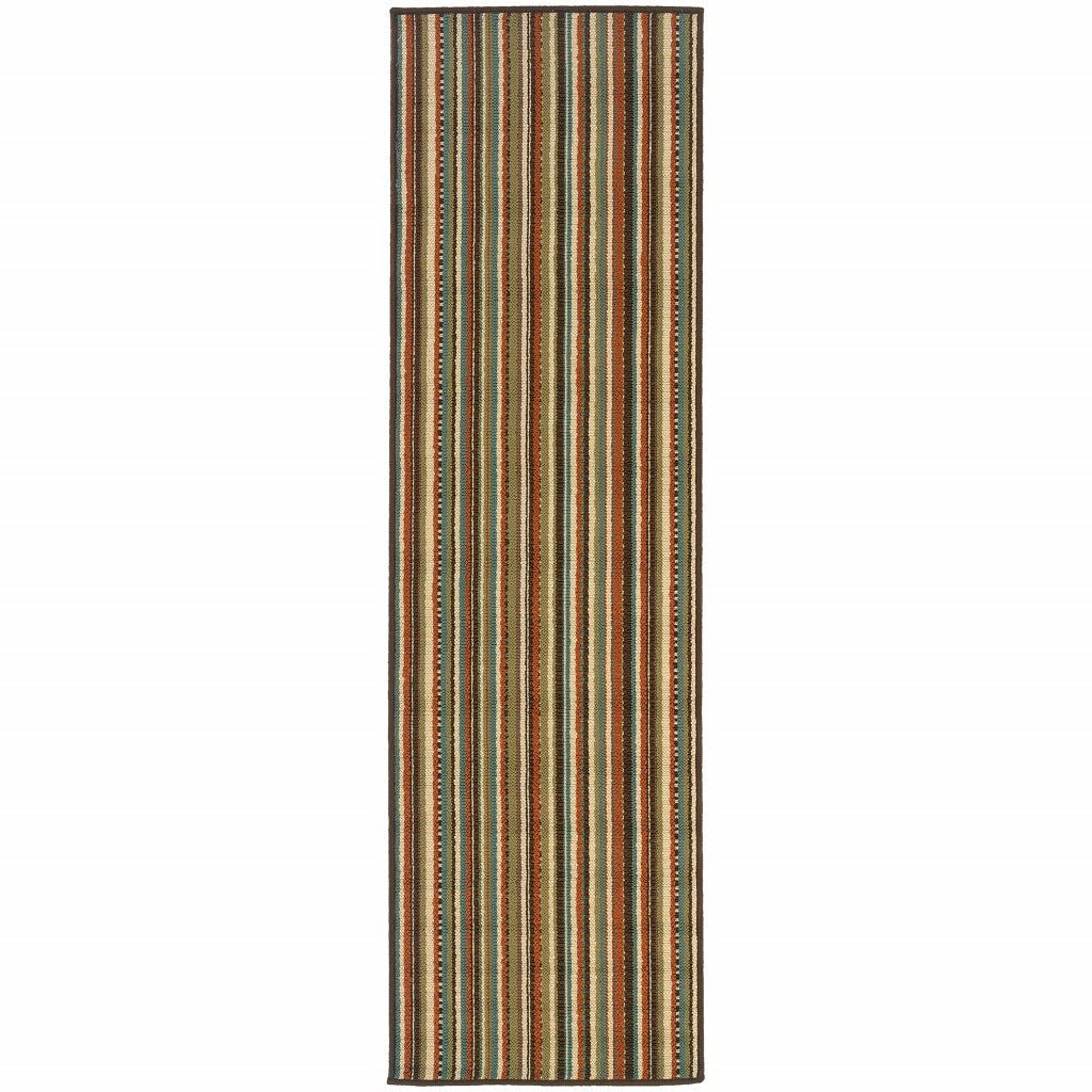 HomeRoots 2’ x 8’ Green and Brown Striped Indoor Outdoor Runner Rug