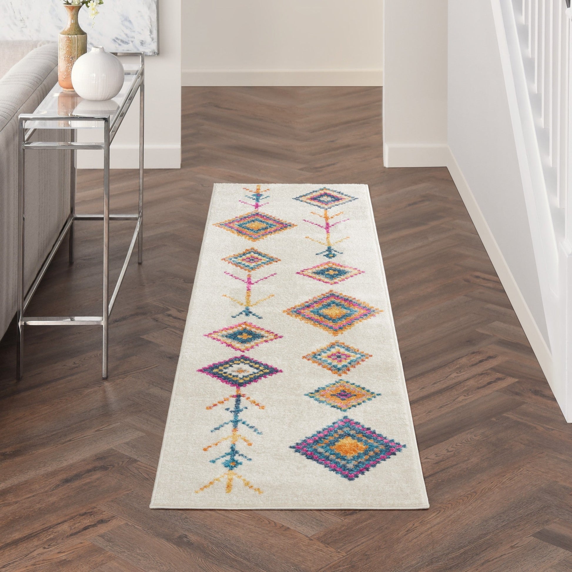 HomeRoots 2' x 8' Ivory Boho Jewels Geometric Runner Rug