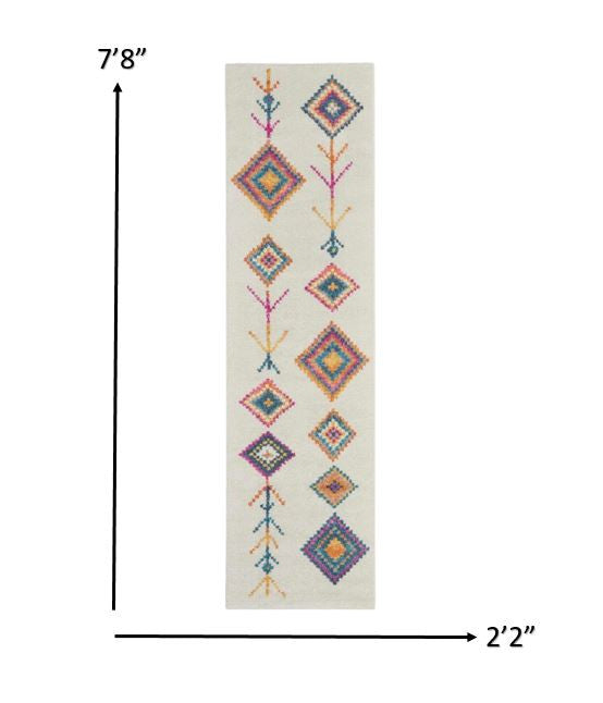 HomeRoots 2' x 8' Ivory Boho Jewels Geometric Runner Rug