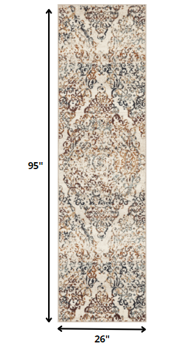 HomeRoots 2' x 8' Ivory Brown Decorative Diamond Runner Rug