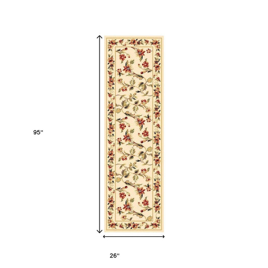 HomeRoots 2' x 8' Ivory Floral Vine Runner Rug