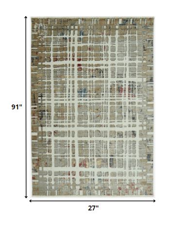 HomeRoots 2' x 8' Ivory Khaki Distressed Plaid Runner Rug