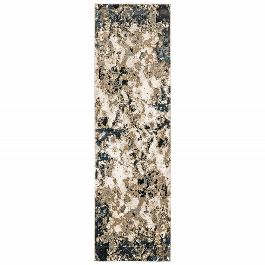 HomeRoots 2' x 8' Ivory Navy Abstract Marble Indoor Runner Rug