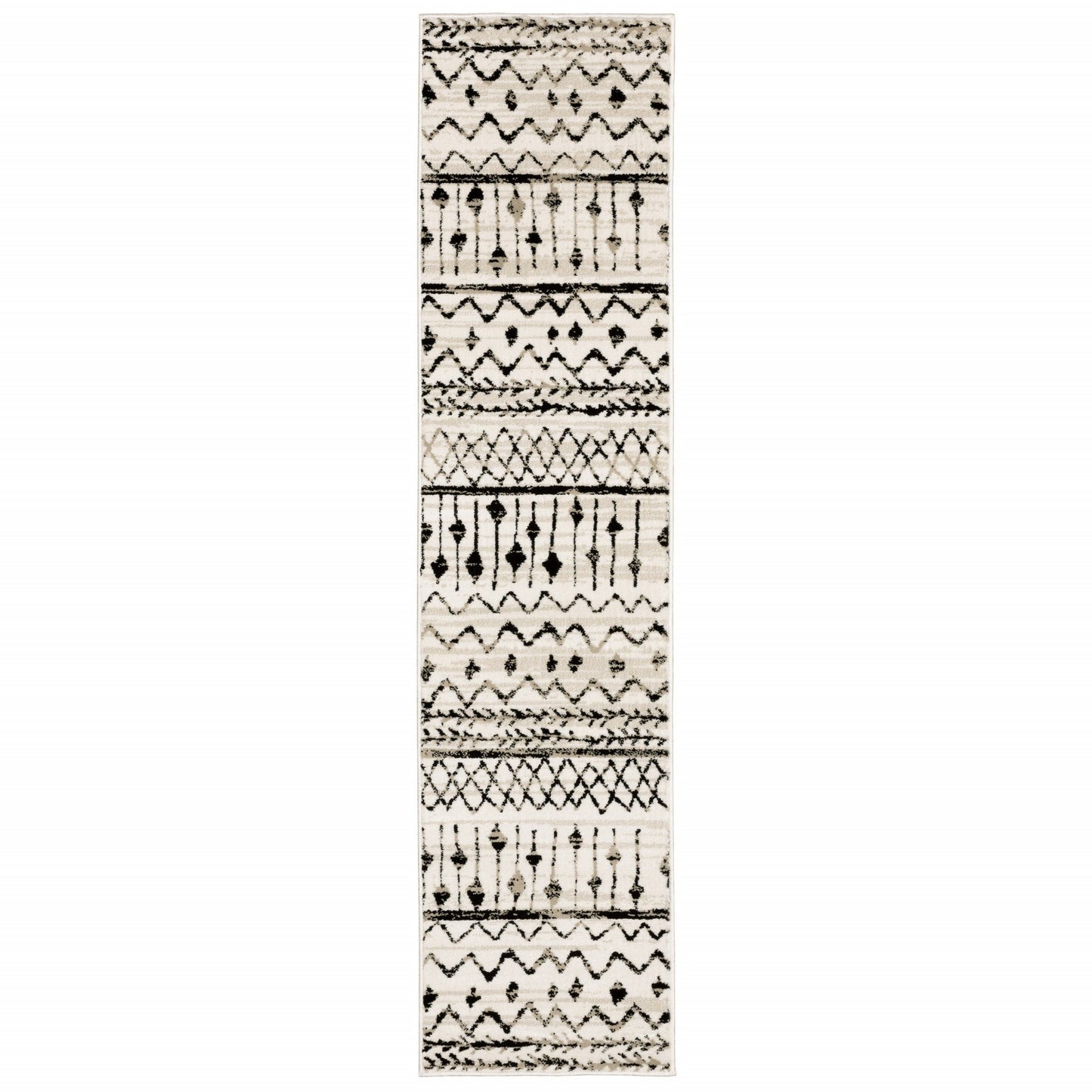 HomeRoots 2' x 8' Ivory and Black Eclectic Patterns Indoor Runner Rug