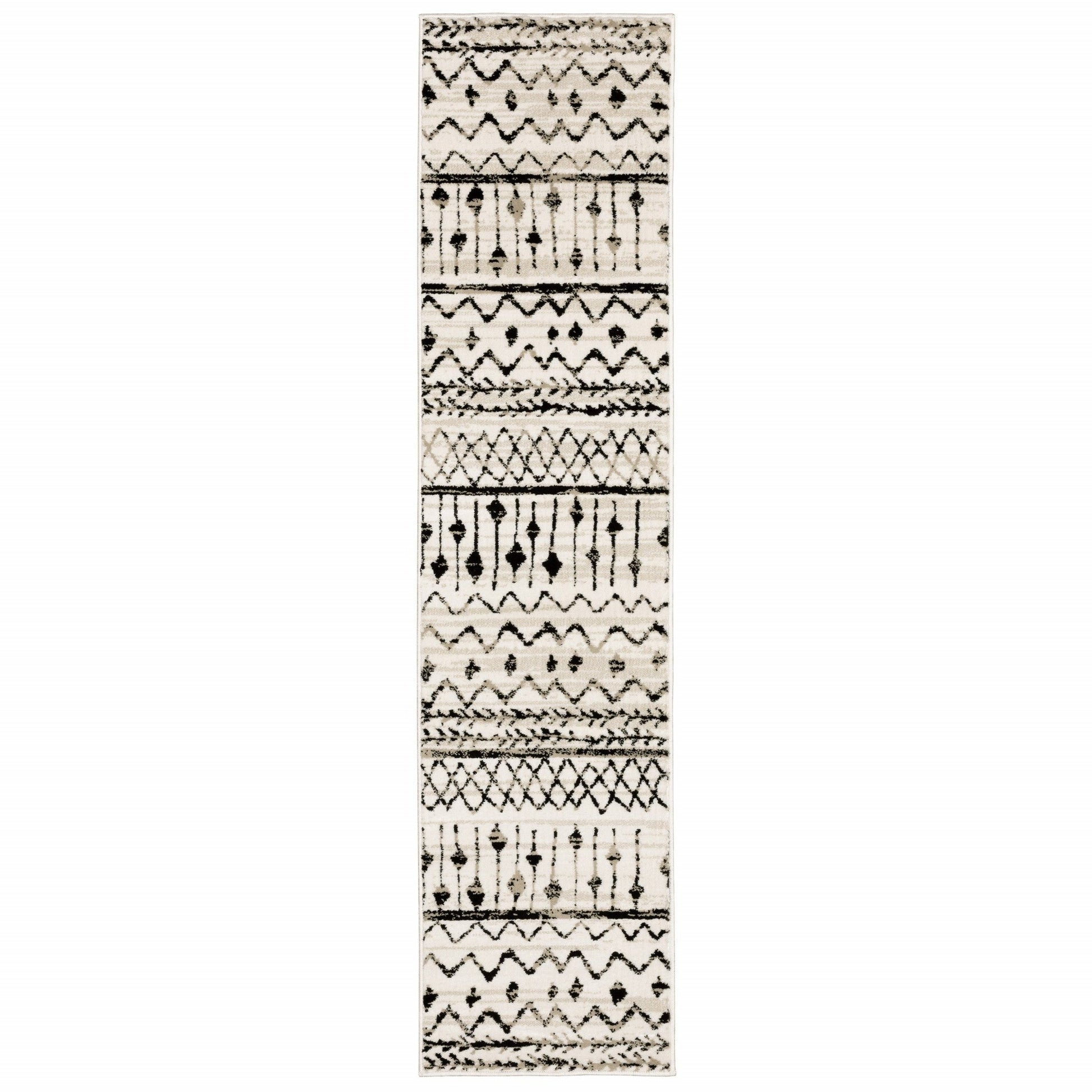 HomeRoots 2' x 8' Ivory and Black Eclectic Patterns Indoor Runner Rug