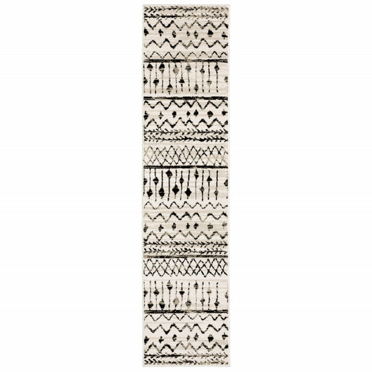 HomeRoots 2' x 8' Ivory and Black Eclectic Patterns Indoor Runner Rug