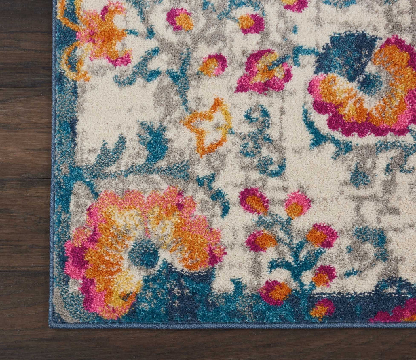 HomeRoots 2' x 8' Ivory and Blue Floral Vines Runner Rug