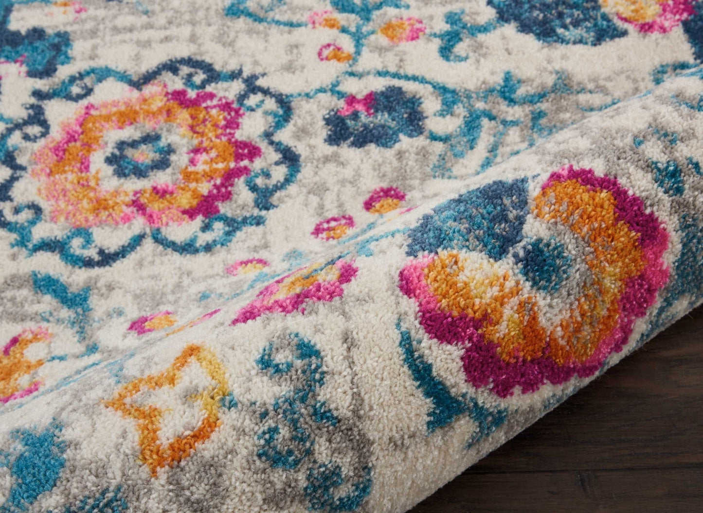 HomeRoots 2' x 8' Ivory and Blue Floral Vines Runner Rug