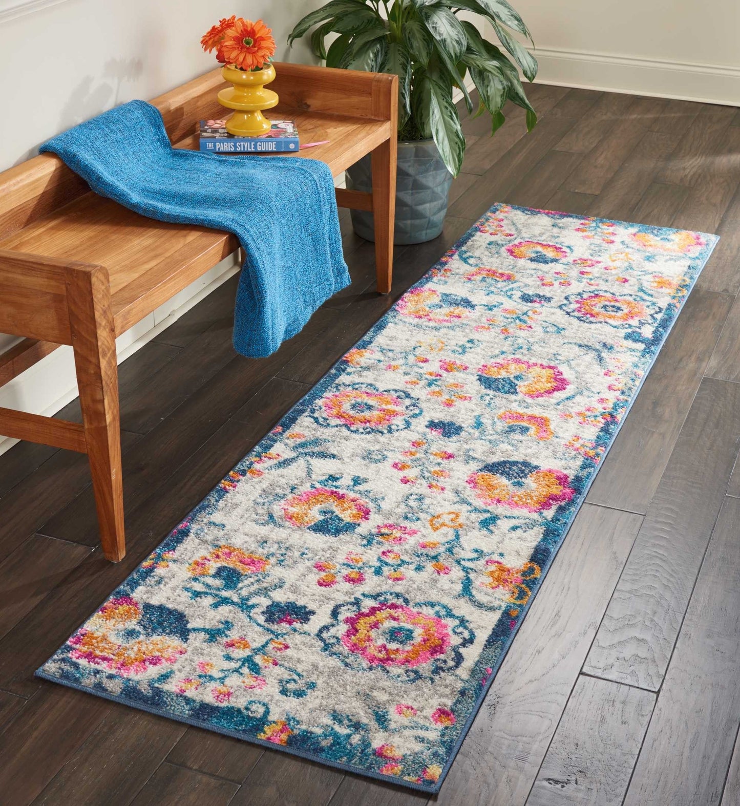 HomeRoots 2' x 8' Ivory and Blue Floral Vines Runner Rug