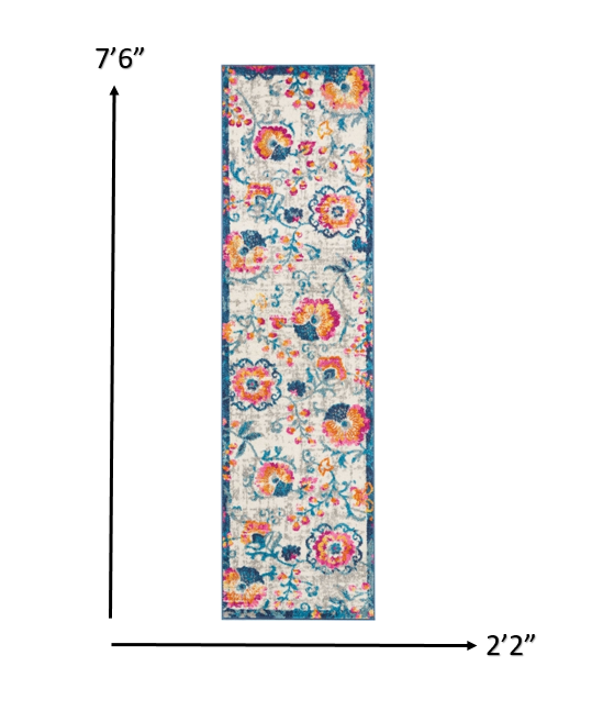 HomeRoots 2' x 8' Ivory and Blue Floral Vines Runner Rug