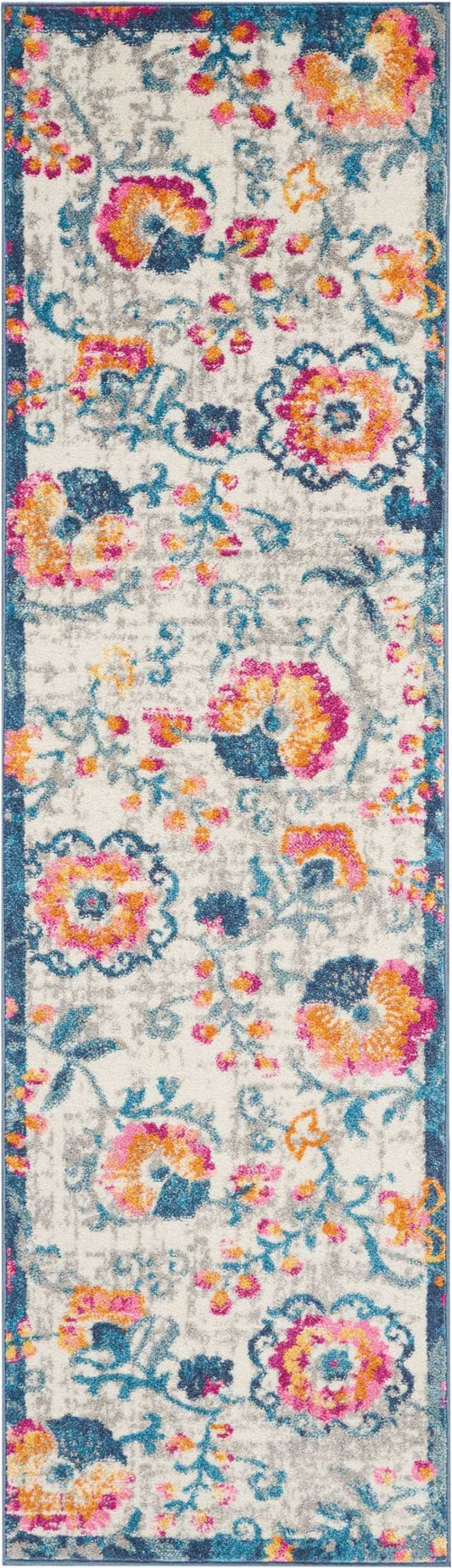 HomeRoots 2' x 8' Ivory and Blue Floral Vines Runner Rug